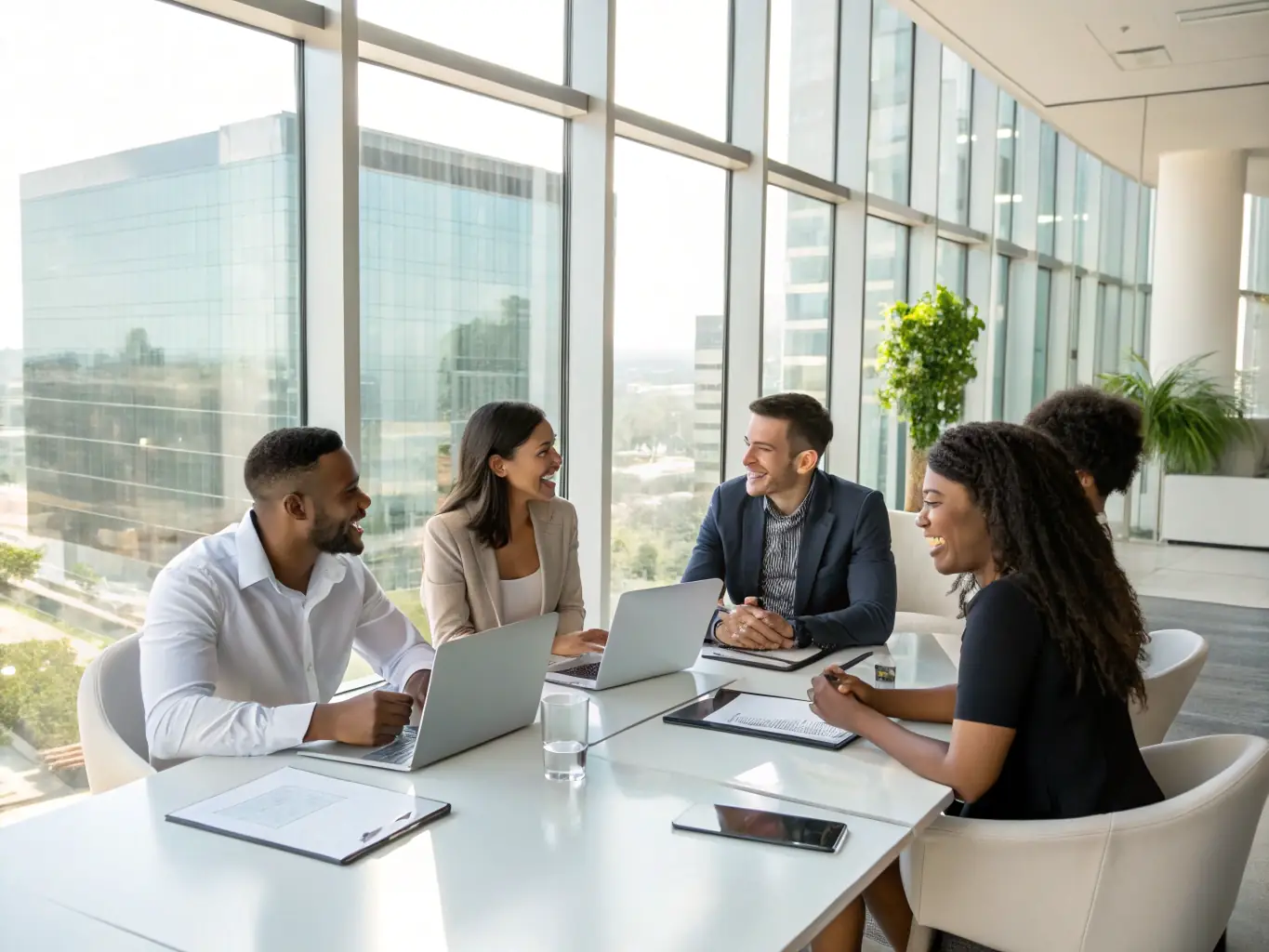 A diverse team of business consultants brainstorming ideas in a brightly lit, modern office, emphasizing collaboration and innovation.