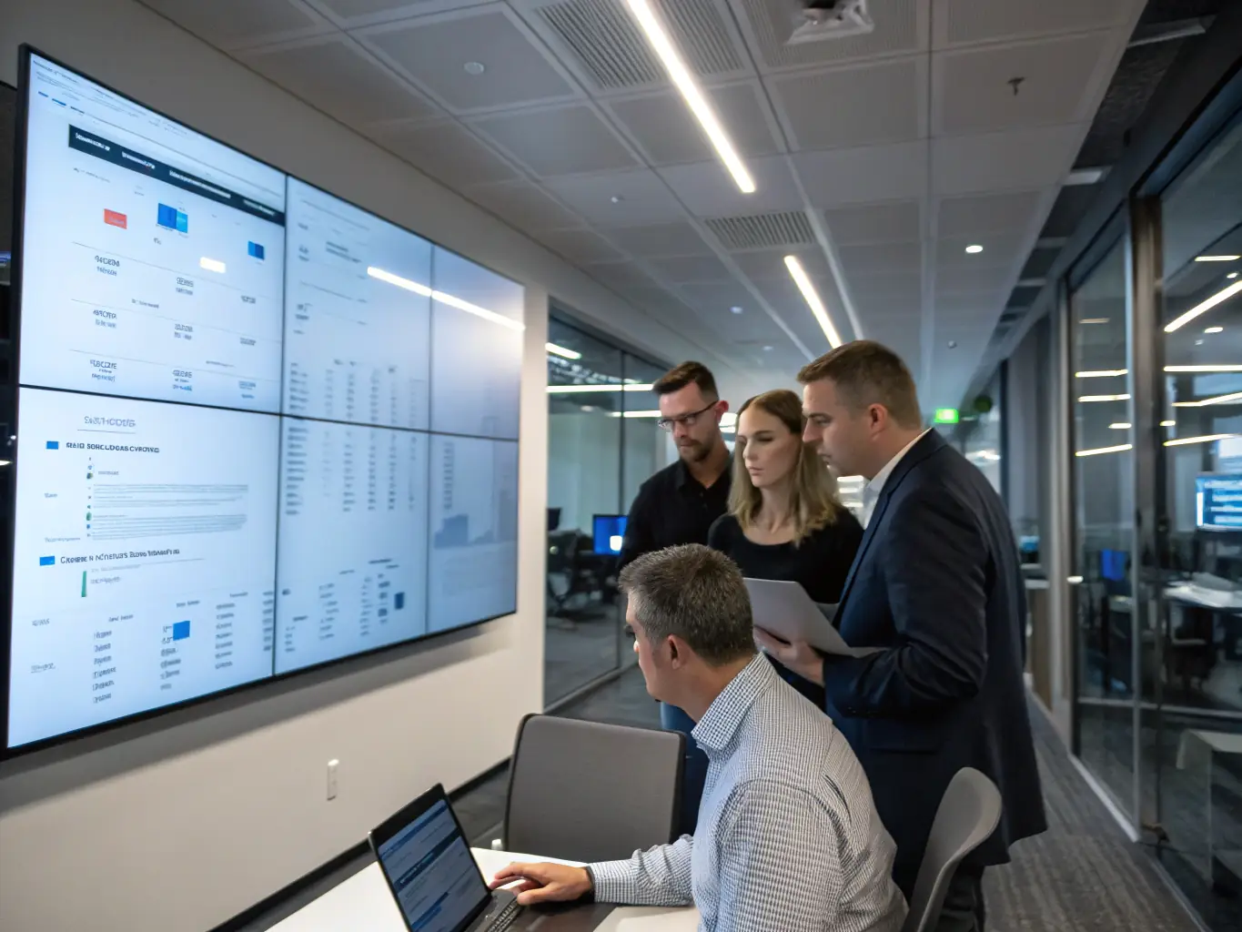 A professional setting with data analysts reviewing market trends on multiple screens, highlighting the use of advanced analytical tools.